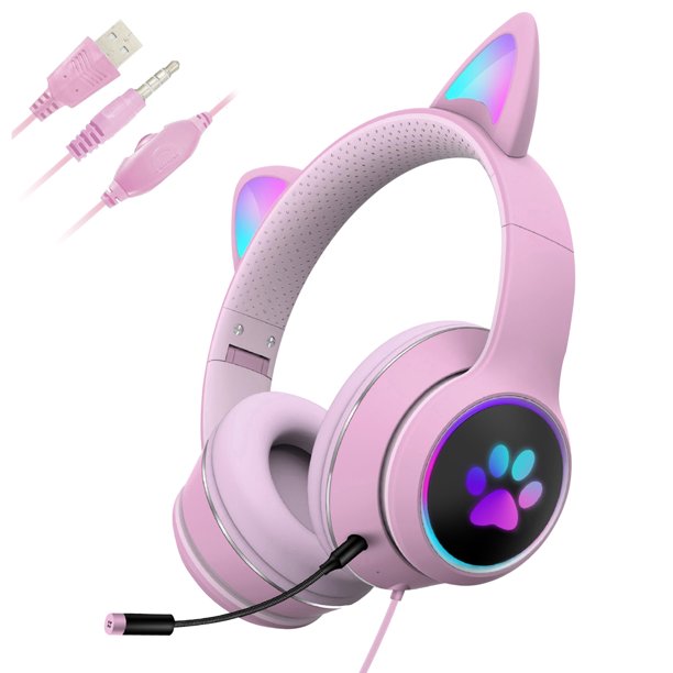 Cat Ear Gaming Headset with Microphone,USB Wired Led Flashing