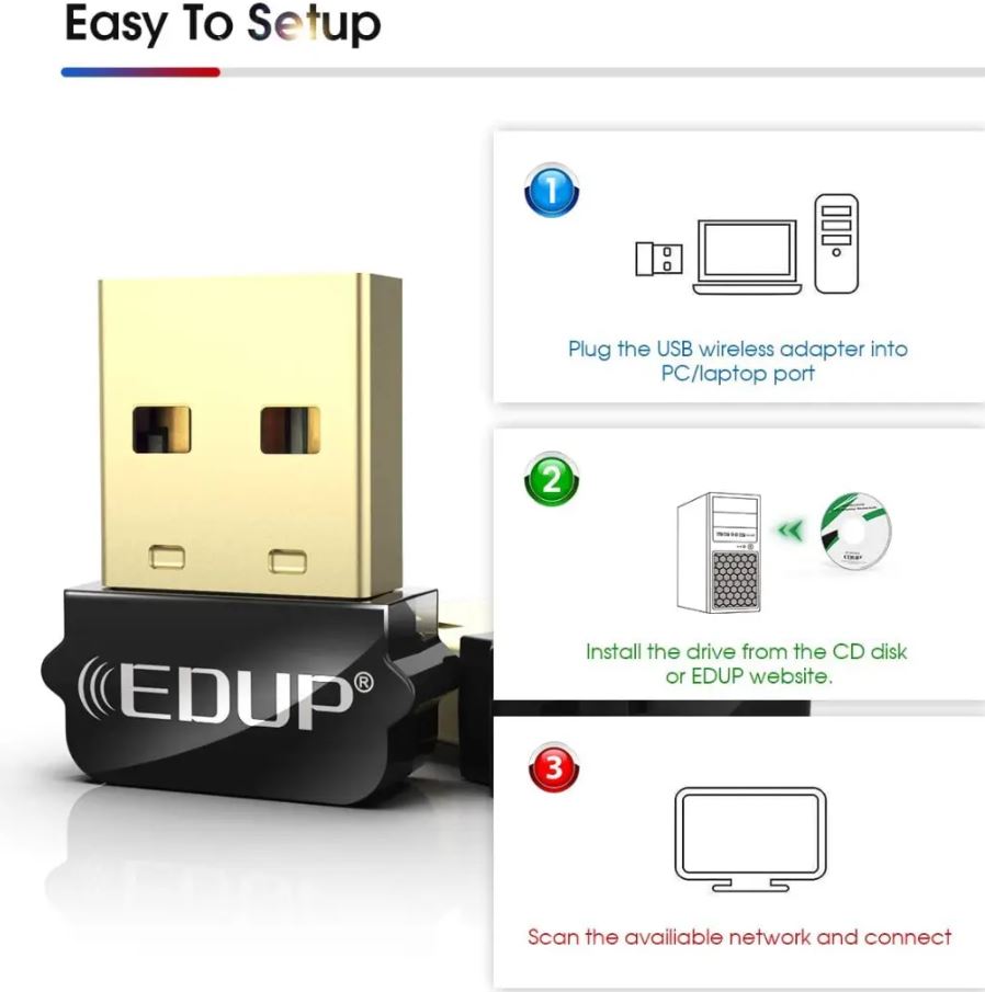 EDUP Nano USB WiFi Adapter 650Mbps Wireless Network Adapter / محول واي فاي USB نانو من EDUP محول شبكة لاسلكية بسرعة 650 ميجابت في الثانية