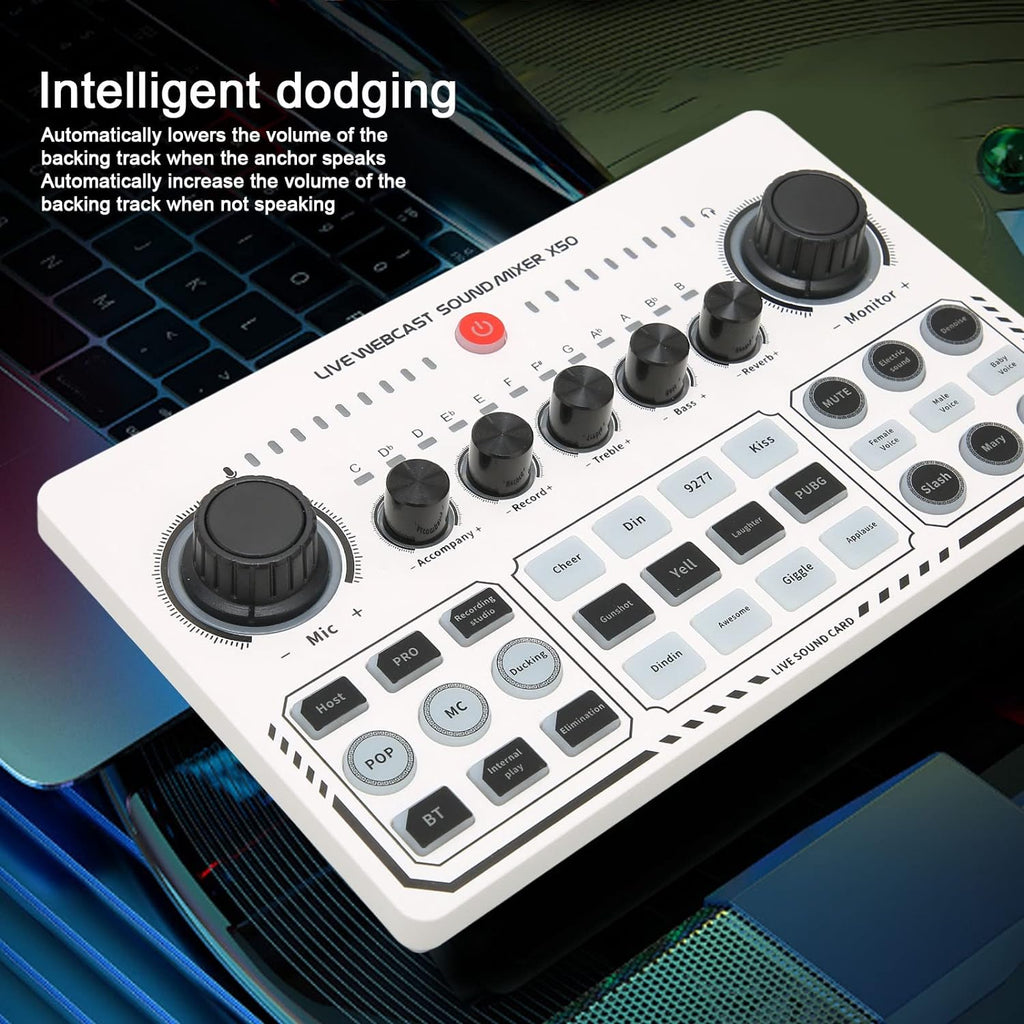 Live Sound Card white, Live Webcast Mixer X50, 12 Warm Up Sound Effects One Touch Mute USB External Sound Card DJ Mixer for Live Streaming, PC, Recording
