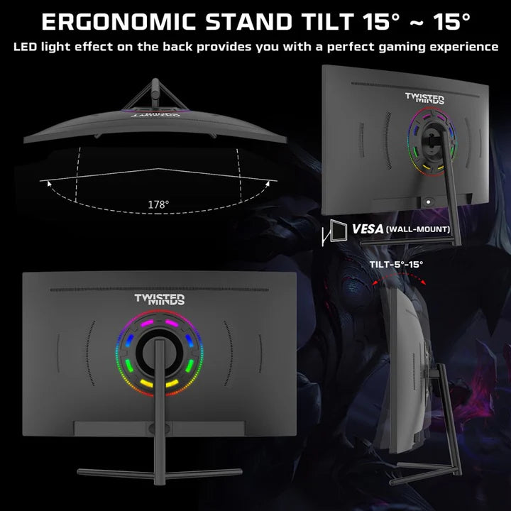Twisted Minds 27'‘ Curve, FHD 180Hz, VA, 0.5ms, HDMI2.0, HDR Gaming Monitor / شاشة ألعاب منحنية من تويستد مايندز، مقاس 27 بوصة، بدقة FHD ومعدل تحديث 180 هرتز، وتقنية VA، وزمن استجابة 0.5 مللي ثانية، ومنفذ HDMI 2.0، وتقنية HDR