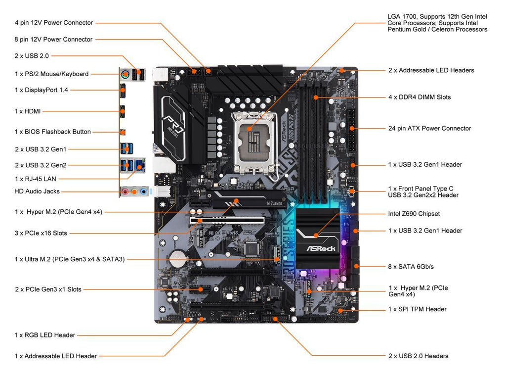 ASRock Z690 Pro RS LGA 1700 (14th,13th,12th Gen) Intel Z690 SATA 6Gb/s DDR4 ATX Intel Motherboard