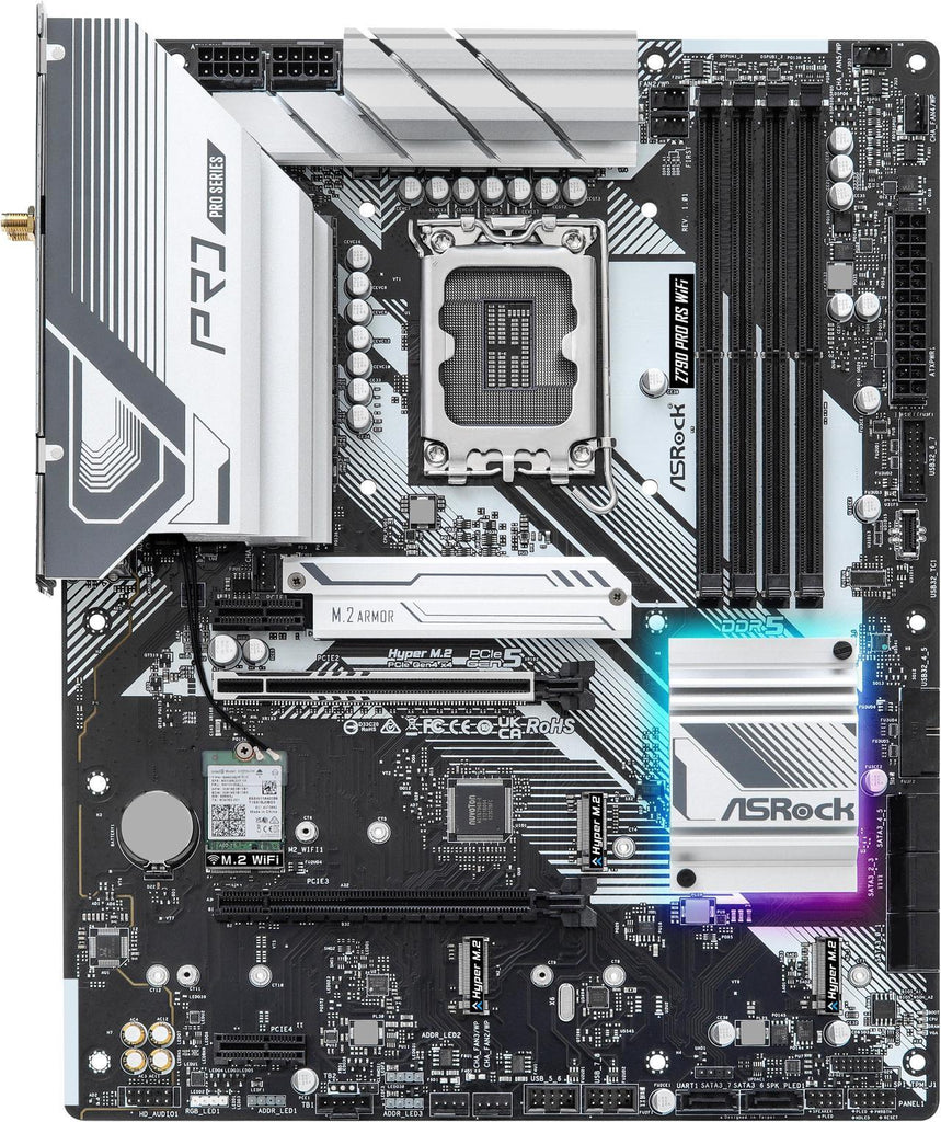 ASRock PRO Z790 PRO RS WiFi Intel LGA1700 (14th,13th,12th Gen) ATX Motherboard, 4 DDR5 Slots, PCIE 5.0x16, Realtek ALC897 7.1 CH, Dragon 2.5G LAN, WiFi 6E+Bluetooth, 8 SATA3, 4 Hyper M.2 (PCIe Gen4x4)