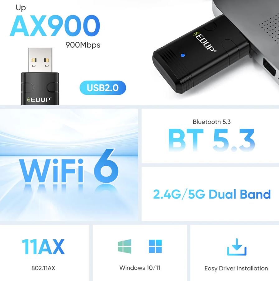 AX900 USB Wifi 6 Bluetooth 5.3 2.4G/5GHz Adapter EDUP / محول AX900 USB واي فاي 6 بلوتوث 5.3 2.4 جيجاهرتز/5 جيجاهرتز EDUP