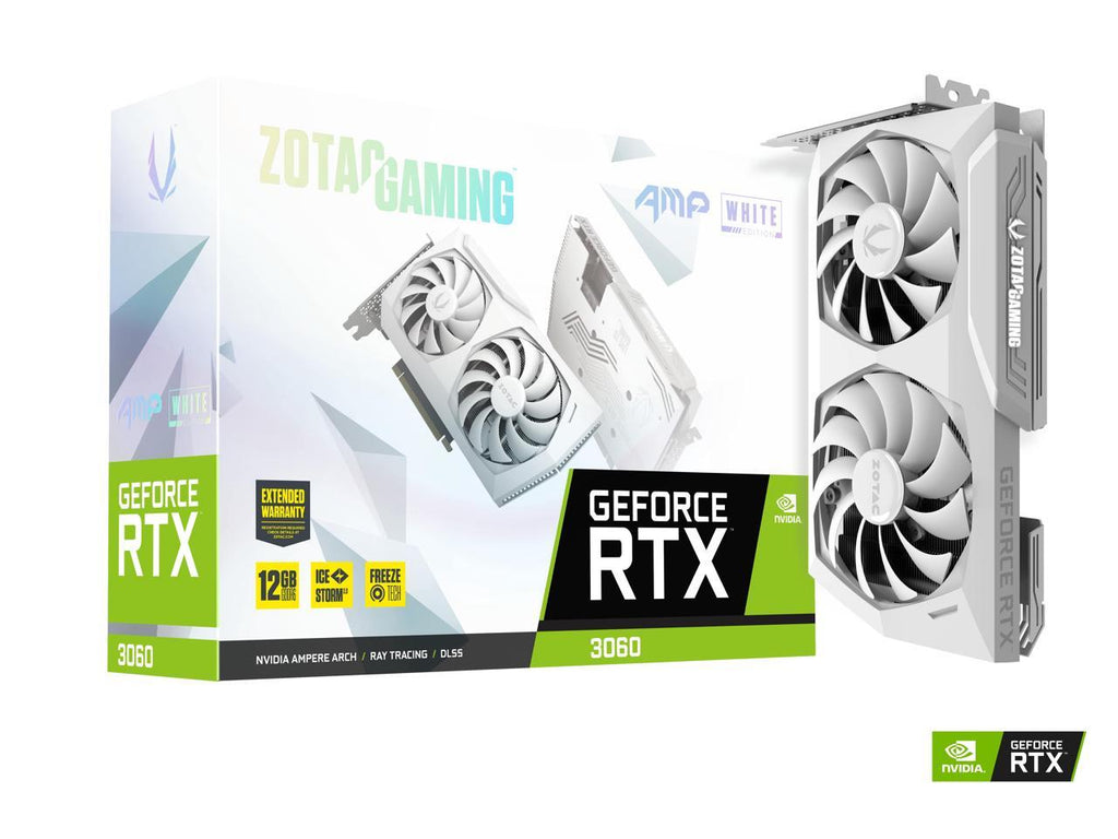 ZOTAC GAMING GeForce RTX 3060 AMP White Edition 12GB GDDR6 192-bit 15 Gbps PCIE 4.0 Gaming Graphics Card, IceStorm 2.0 Cooling, Active Fan Control, FREEZE Fan Stop ZT-A30600F-10P