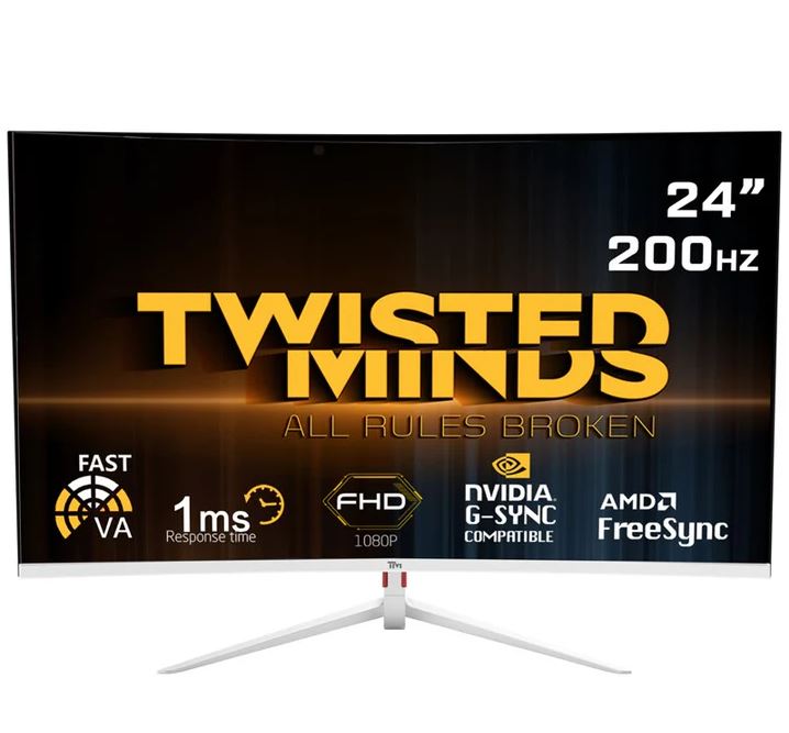 شاشة ألعاب Twisted Minds مقاس 23.6 بوصة FHD VA و200 هرتز و1 مللي ثانية منحنية - أبيض / Twisted Minds 23.6