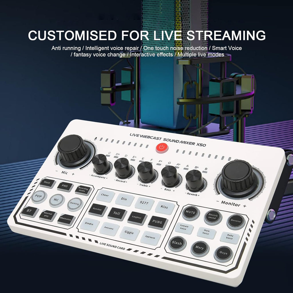 Live Sound Card white, Live Webcast Mixer X50, 12 Warm Up Sound Effects One Touch Mute USB External Sound Card DJ Mixer for Live Streaming, PC, Recording