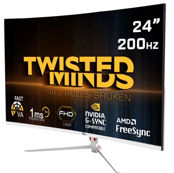 شاشة ألعاب Twisted Minds مقاس 23.6 بوصة FHD VA و200 هرتز و1 مللي ثانية منحنية - أبيض / Twisted Minds 23.6