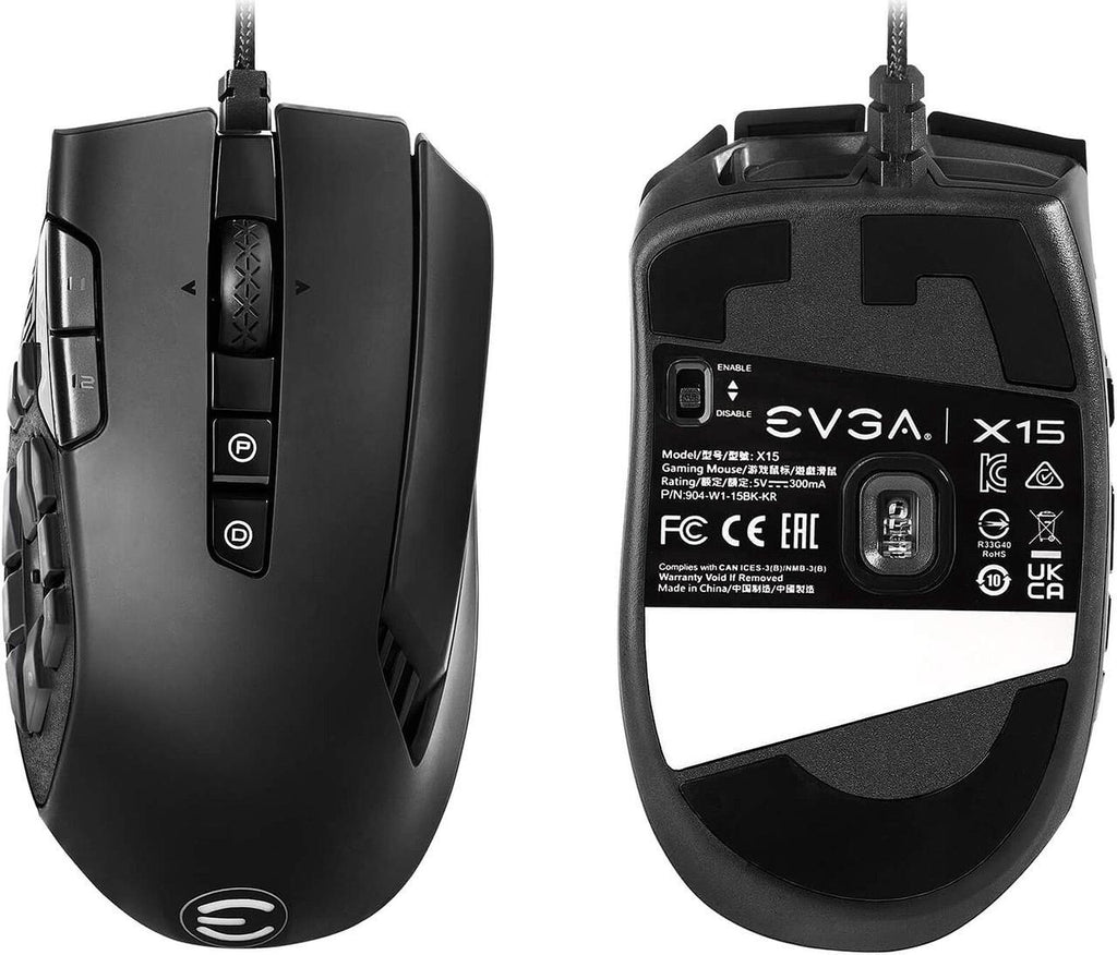 EVGA X15 MMO Gaming Mouse, 8k, Wired, Black, Customizable, 16,000 DPI, 5 Profiles, 20 Buttons. ماوس ألعاب EVGA X15 MMO، 8 كيلو، سلكي، أسود، قابل للتخصيص، 16000 نقطة في البوصة، 5 ملفات تعريف، 20 زرًا.