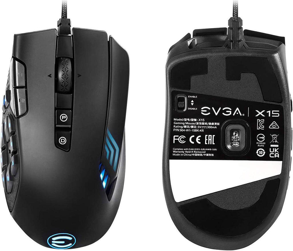 EVGA X15 MMO Gaming Mouse, 8k, Wired, Black, Customizable, 16,000 DPI, 5 Profiles, 20 Buttons. ماوس ألعاب EVGA X15 MMO، 8 كيلو، سلكي، أسود، قابل للتخصيص، 16000 نقطة في البوصة، 5 ملفات تعريف، 20 زرًا.