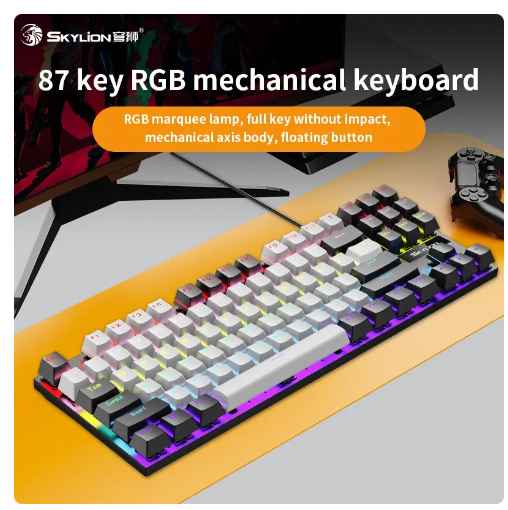 SKYLION K87 Wired Mechanical Keyboard - Colorful Lighting, Gaming & Office Keyboard White and black