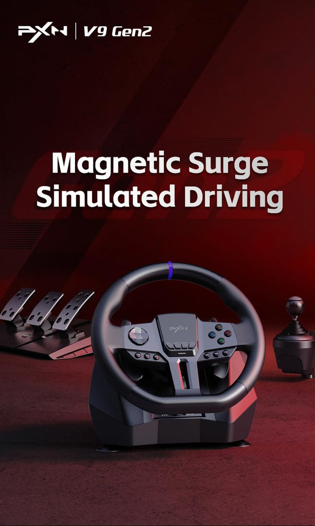 PXN V9 Gen2 gaming Racing Wheel With magnetic Pedals and Shifter 270/900° Dual-Vibration Driver free / عجلة سباق PXN V9 Gen2 للألعاب مع دواسات مغناطيسية ومغير سرعة 270/900 درجة بدون سائق مع اهتزاز مزدوج