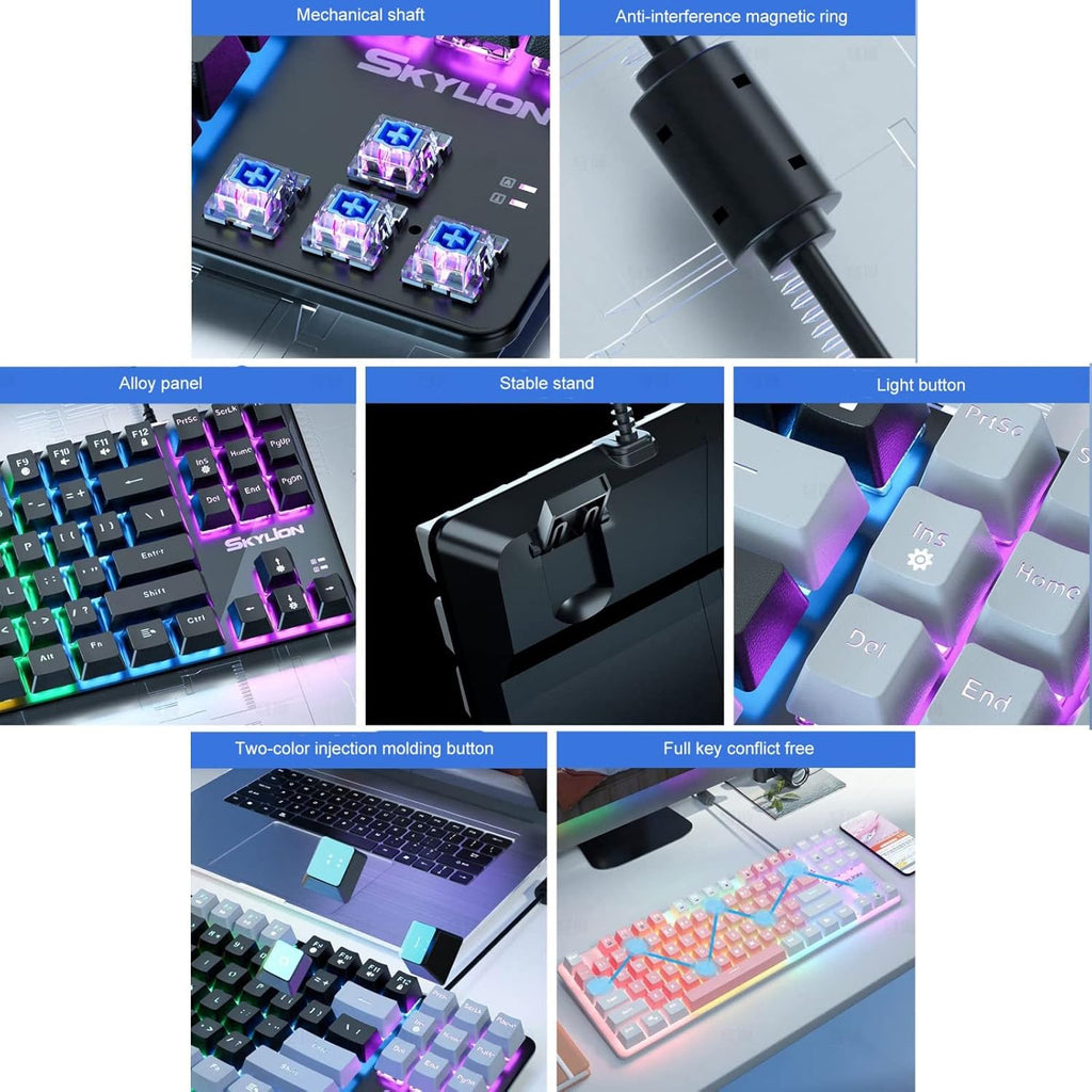 SKYLION H87 Wired Mechanical Keyboard - Colorful Lighting, Gaming & Office Keyboard White and blue