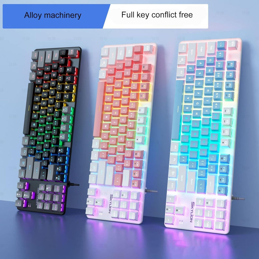 SKYLION H87 Wired Mechanical Keyboard - Colorful Lighting, Gaming & Office Keyboard White and blue