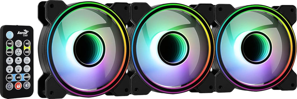 Aerocool Mirage PC Case Fan – 12 Pro, 3 x ARGB Translucent Fans 120mm, 1 x H66F RGB Hub, Infinity Mirror Design, Includes 6-pin Connector, Remote Control, Curved Blades and Anti-Vibration Pads, Black