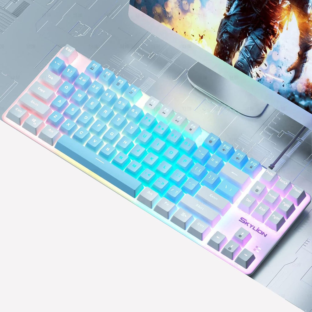 SKYLION H87 Wired Mechanical Keyboard - Colorful Lighting, Gaming & Office Keyboard White and blue