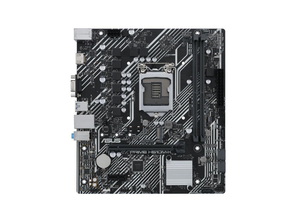 Asus Prime H510M-K (LGA 1200) micro ATX motherboard with PCIe 4.0, 32Gbps M.2 slot, Intel® 1 Gb Ethernet, HDMI, D-Sub, USB 3.2 Gen 1 Type-A, SATA 6 Gbps, COM header, and RGB header
