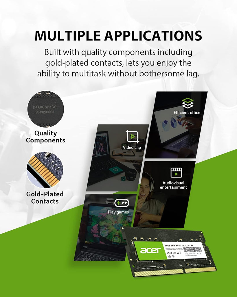 Acer SD100 16GB Single RAM 3200 MHz DDR4 CL22 1.2V Laptop Memory | ذاكرة وصول عشوائي (RAM) فردية Acer SD100 سعة 16 جيجابايت وتردد 3200 ميجاهرتز DDR4 CL22 1.2 فولت لأجهزة الكمبيوتر المحمول