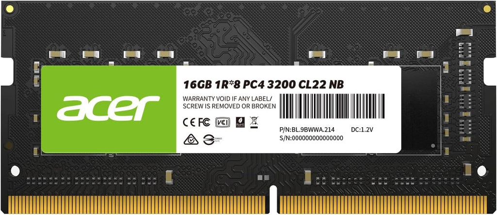 Acer SD100 16GB Single RAM 3200 MHz DDR4 CL22 1.2V Laptop Memory | ذاكرة وصول عشوائي (RAM) فردية Acer SD100 سعة 16 جيجابايت وتردد 3200 ميجاهرتز DDR4 CL22 1.2 فولت لأجهزة الكمبيوتر المحمول
