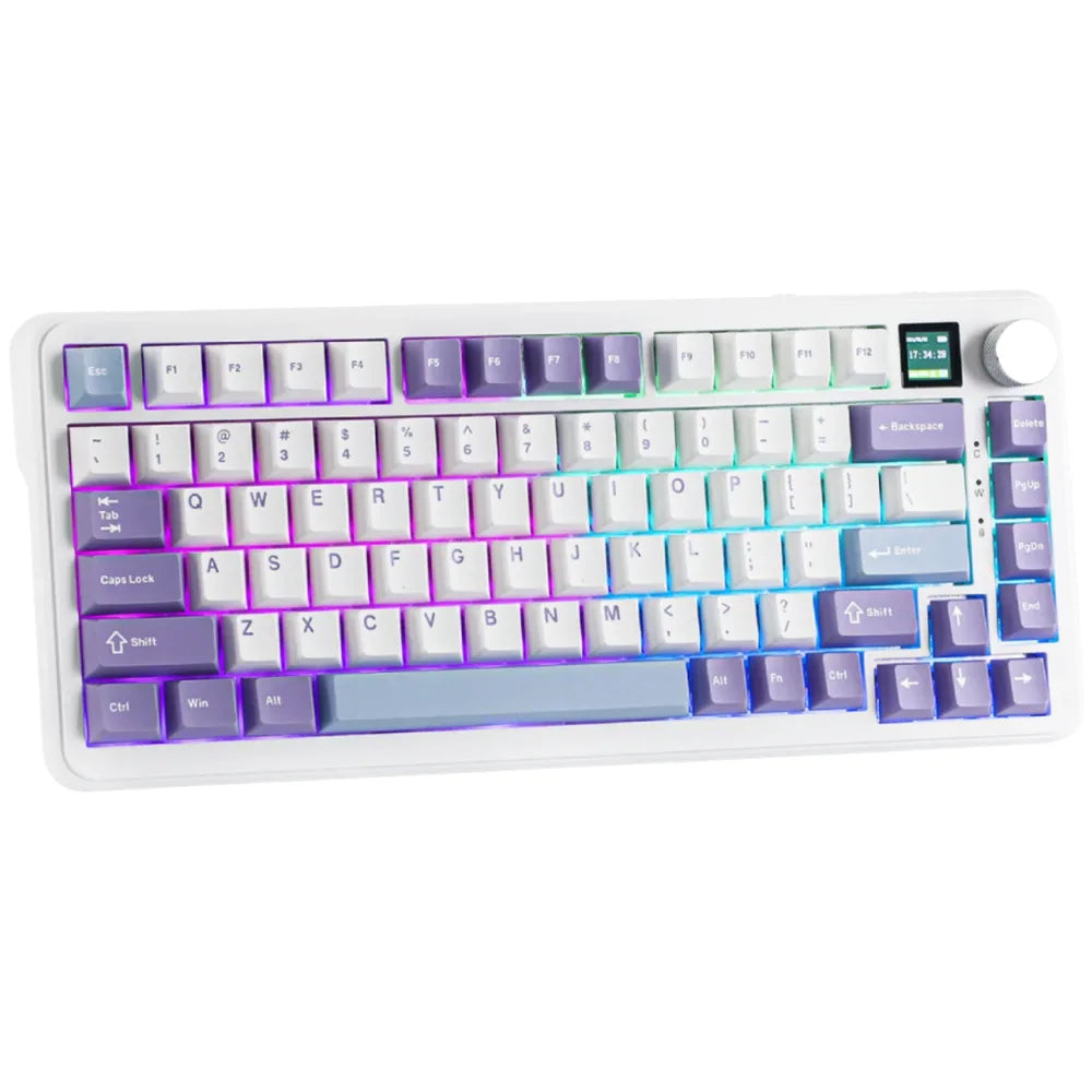 Ajazz AK820 MAX Maillard Switch Wireless, Bluetooth Gaming Keyboard, Purple-White-Blue, Tri-Mode with Screen |  لوحة مفاتيح الألعاب اللاسلكية  بمفاتيح Maillard (اتصال لاسلكي وبلوتوث)، ألوان بنفسجي وأبيض وأزرق، تدعم ثلاثة أوضاع للاتصال ومزودة بشاشة.