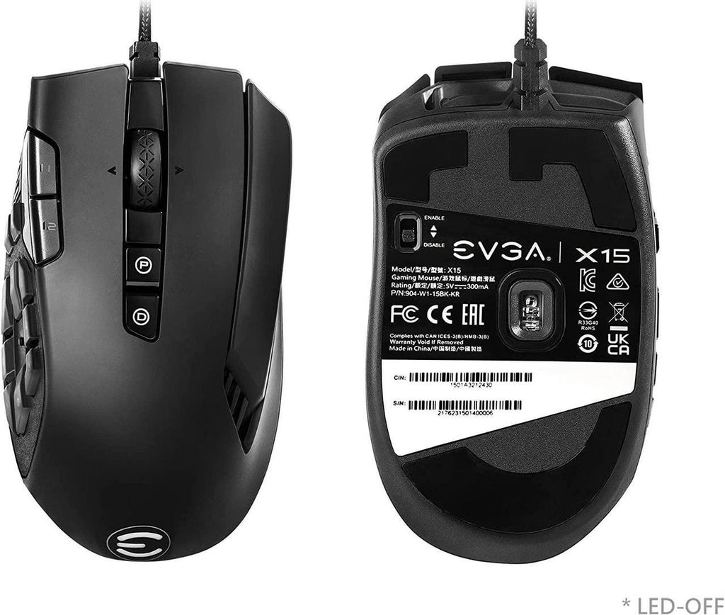 EVGA X15 MMO Gaming Mouse, 8k, Wired, Black, Customizable, 16,000 DPI, 5 Profiles, 20 Buttons. ماوس ألعاب EVGA X15 MMO، 8 كيلو، سلكي، أسود، قابل للتخصيص، 16000 نقطة في البوصة، 5 ملفات تعريف، 20 زرًا.