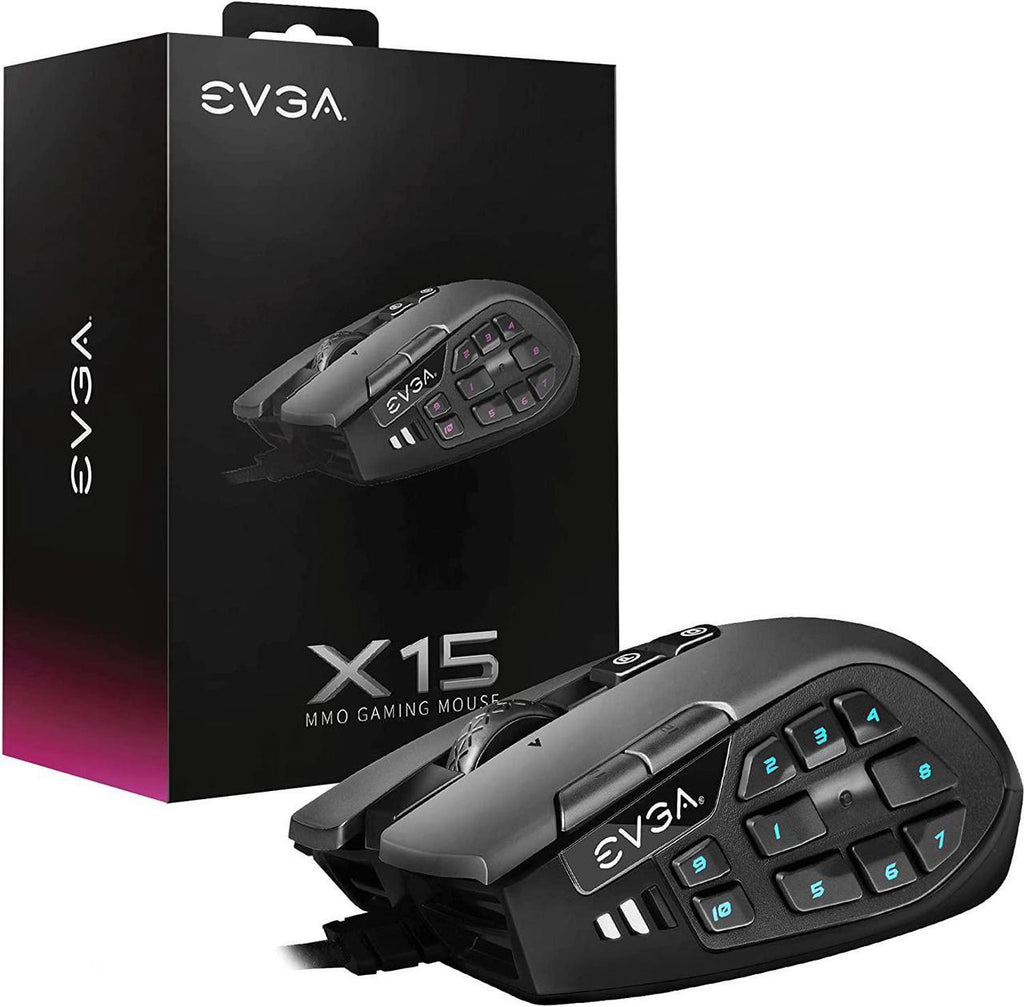 EVGA X15 MMO Gaming Mouse, 8k, Wired, Black, Customizable, 16,000 DPI, 5 Profiles, 20 Buttons. ماوس ألعاب EVGA X15 MMO، 8 كيلو، سلكي، أسود، قابل للتخصيص، 16000 نقطة في البوصة، 5 ملفات تعريف، 20 زرًا.