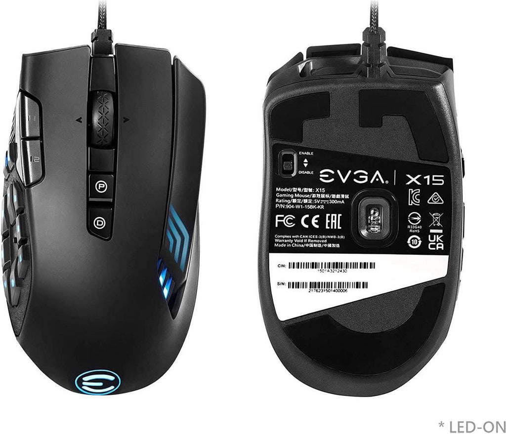 EVGA X15 MMO Gaming Mouse, 8k, Wired, Black, Customizable, 16,000 DPI, 5 Profiles, 20 Buttons. ماوس ألعاب EVGA X15 MMO، 8 كيلو، سلكي، أسود، قابل للتخصيص، 16000 نقطة في البوصة، 5 ملفات تعريف، 20 زرًا.