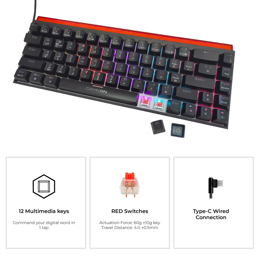 GAMEON PRIMEX Series GO-MK260-RS 60% RGB Mechanical Wired Gaming Keyboard with Customization Software, Red Switch - English/Arabic. لوحة مفاتيح ألعاب ميكانيكية سلكية مع برنامج تخصيص، مفتاح أحمر - الإنجليزية/العربية