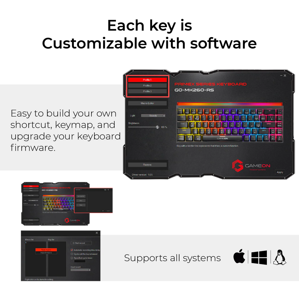 GAMEON PRIMEX Series GO-MK260-RS 60% RGB Mechanical Wired Gaming Keyboard with Customization Software, Red Switch - English/Arabic. لوحة مفاتيح ألعاب ميكانيكية سلكية مع برنامج تخصيص، مفتاح أحمر - الإنجليزية/العربية