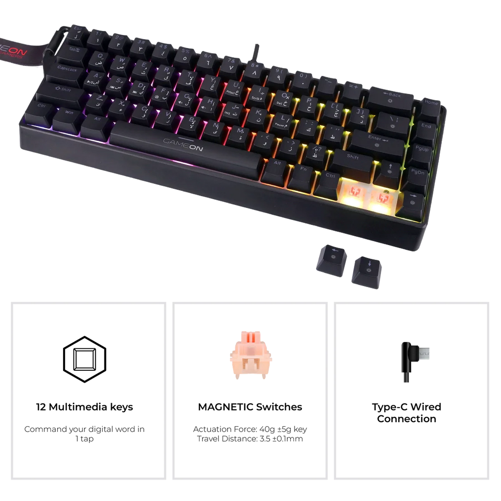 GAMEON MAGPRO Series GOMG1K8-RS 60% Magnetic Mechanical Wired Gaming Keyboard with Customization Software & Wrist Band, Pink Switch - English/Arabic. لوحة مفاتيح ألعاب ميكانيكية مغناطيسية سلكية مع برنامج تخصيص وحزام معصم، مفاتيح وردية - الإنجليزية/العربية