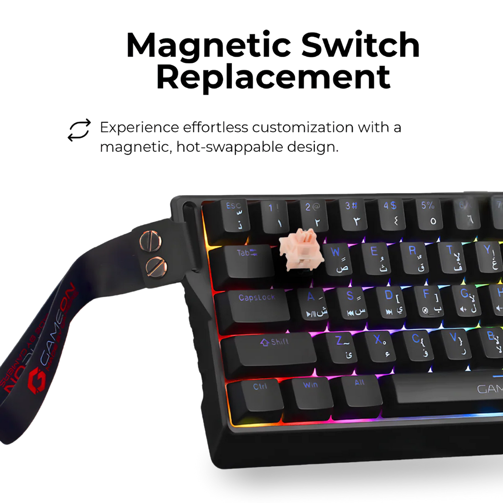 GAMEON MAGPRO Series GOMG1K8-RS 60% Magnetic Mechanical Wired Gaming Keyboard with Customization Software & Wrist Band, Pink Switch - English/Arabic. لوحة مفاتيح ألعاب ميكانيكية مغناطيسية سلكية مع برنامج تخصيص وحزام معصم، مفاتيح وردية - الإنجليزية/العربية