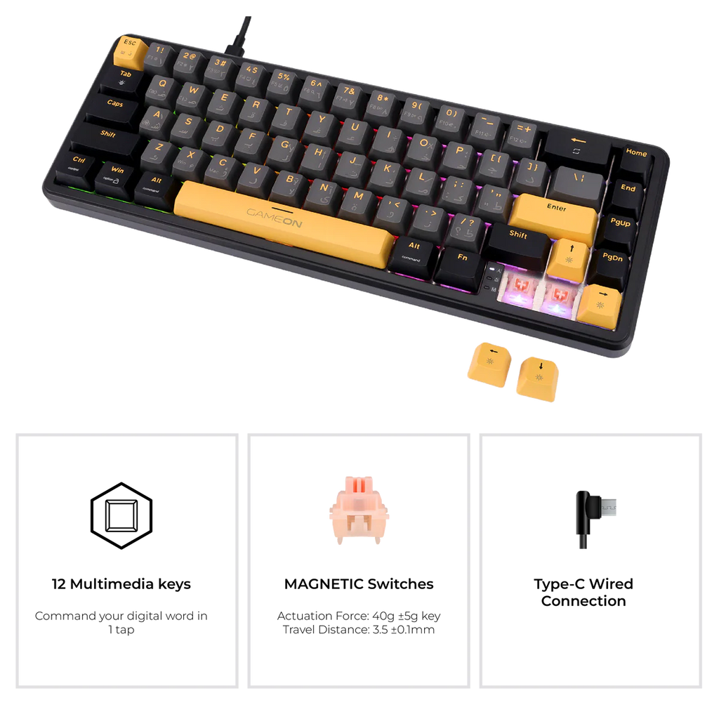 GAMEON VOLT Series GOMGK68-RS 60% RGB Magnetic Mechanical Wired Gaming Keyboard with Customization Software, Pink Switch - English/Arabic. لوحة مفاتيح ألعاب ميكانيكية مغناطيسية سلكية مع برنامج تخصيص، مفاتيح وردية - الإنجليزية/العربية