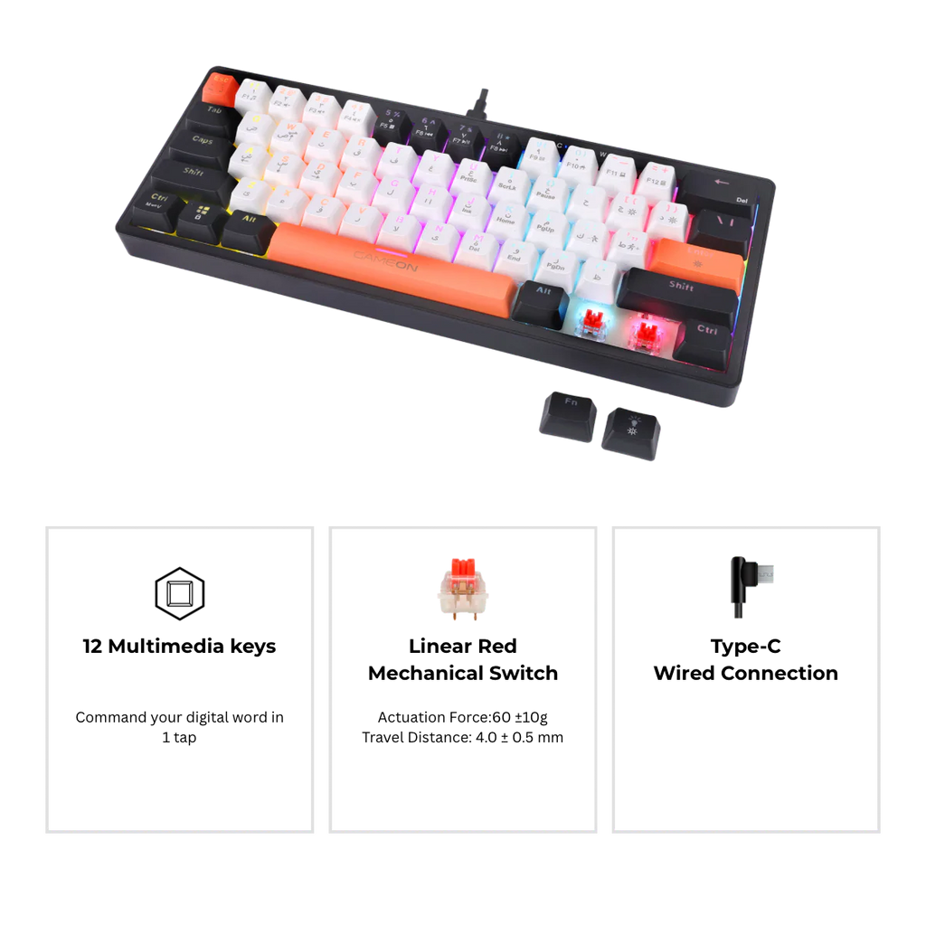 GAMEON AEROX Series GOMK160-RS 60% RGB Mechanical Wired Gaming Keyboard, Red Switch - English/Arabic. لوحة مفاتيح ميكانيكية سلكية للألعاب، بمفاتيح حمراء - الإنجليزية/العربية