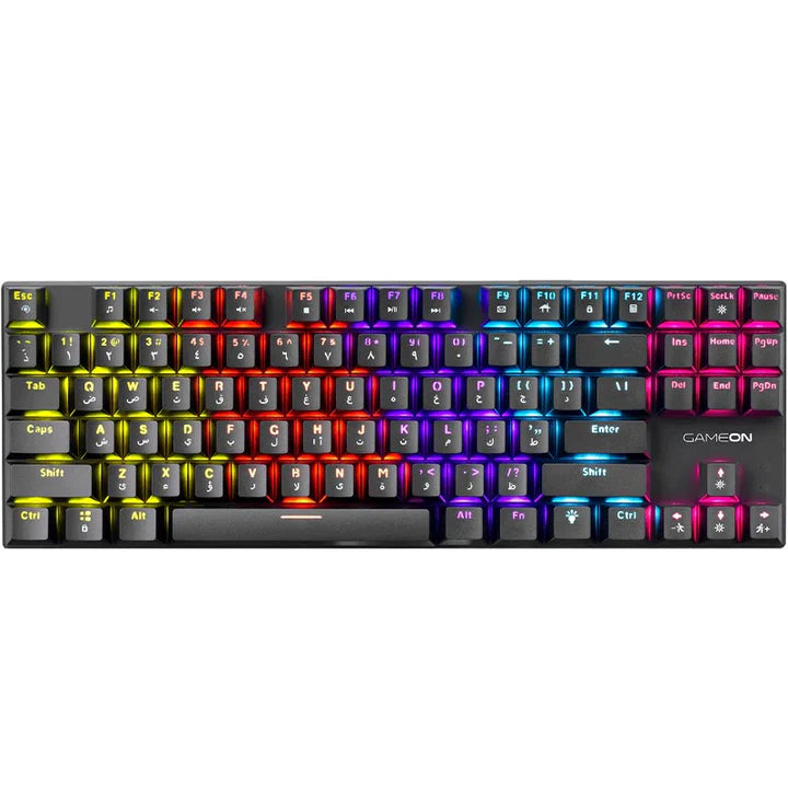 GAMEON KENORA Series GOMK87-RS 80% RGB Mechanical Wired Gaming Keyboard, Red Switch - English/Arabic. لوحة مفاتيح ألعاب ميكانيكية سلكية بإضاءة RGB بنسبة 80%، بمفاتيح حمراء - الإنجليزية/العربية