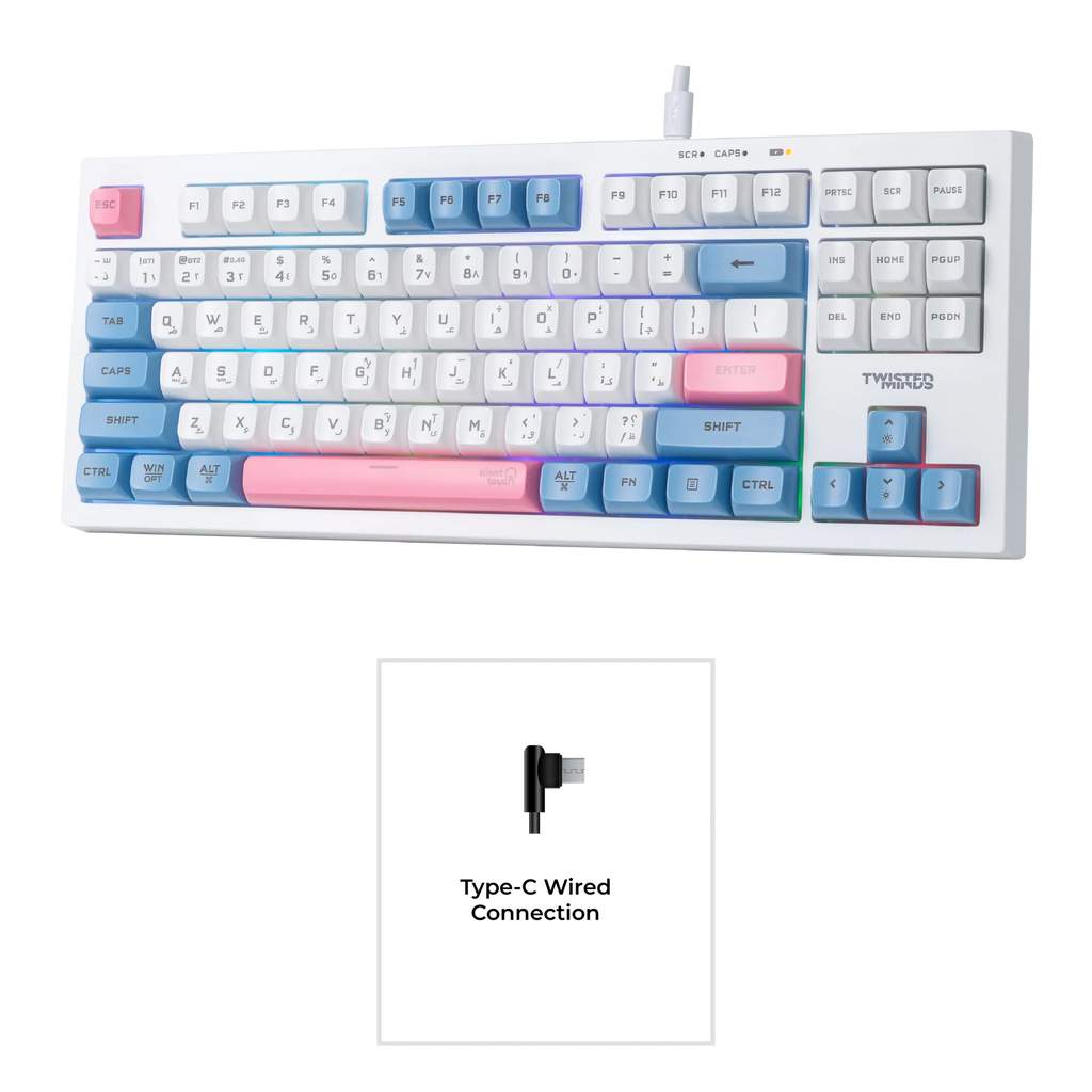 Gaming Spectrum Pro Series 75% Compact Size 87 keys Wireless Membrane Keyboard - (English / Arabic) Layout -Twisted Minds TM-MK75-WL | لوحة مفاتيح لاسلكية غشائية (Membrane) من سلسلة Spectrum Pro - حجم مدمج (75%)، 87 مفتاحاً - تخطيط (إنجليزي / عربي) -