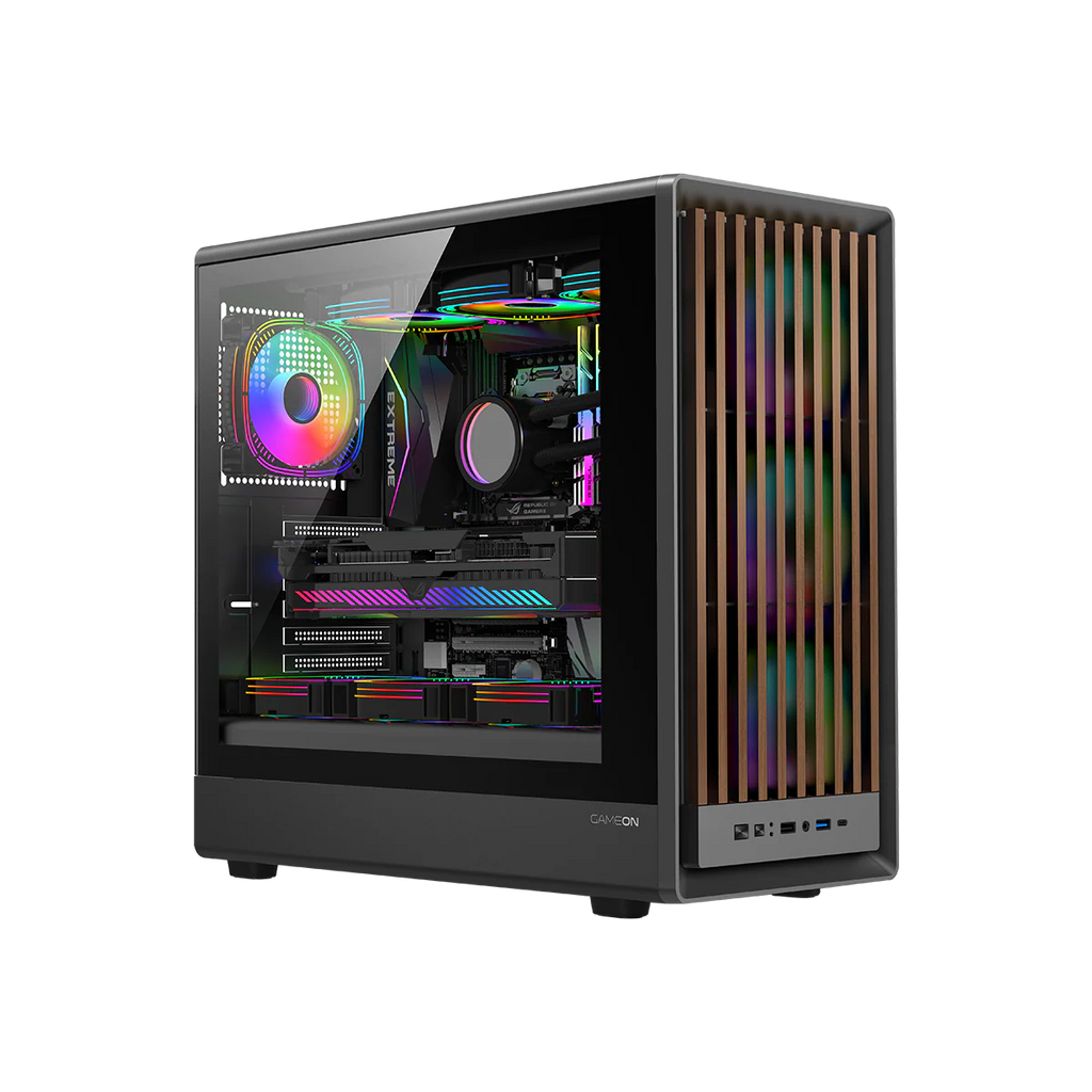 GAMEON TIMBER Midnight I Series ARGB + PWM Mid Tower Gaming Case - Wood/Black | صندوق ألعاب GAMEON TIMBER Midnight I Series ARGB + PWM متوسط الحجم - خشب/أسود