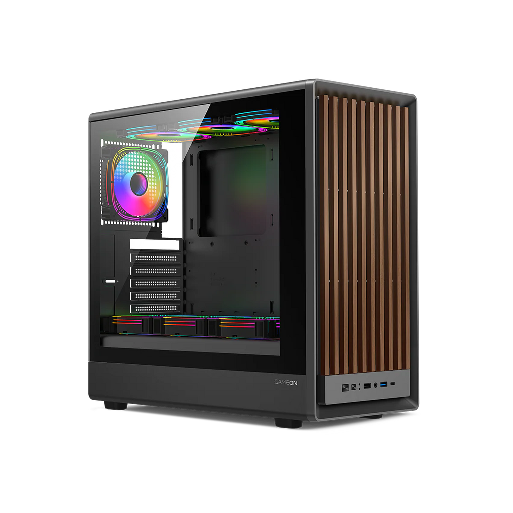 GAMEON TIMBER Midnight I Series ARGB + PWM Mid Tower Gaming Case - Wood/Black | صندوق ألعاب GAMEON TIMBER Midnight I Series ARGB + PWM متوسط الحجم - خشب/أسود