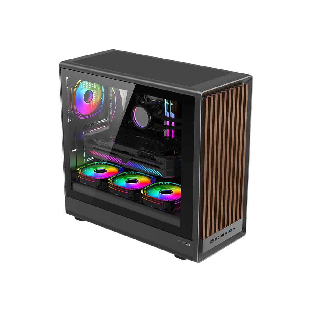 GAMEON TIMBER Midnight I Series ARGB + PWM Mid Tower Gaming Case - Wood/Black | صندوق ألعاب GAMEON TIMBER Midnight I Series ARGB + PWM متوسط الحجم - خشب/أسود