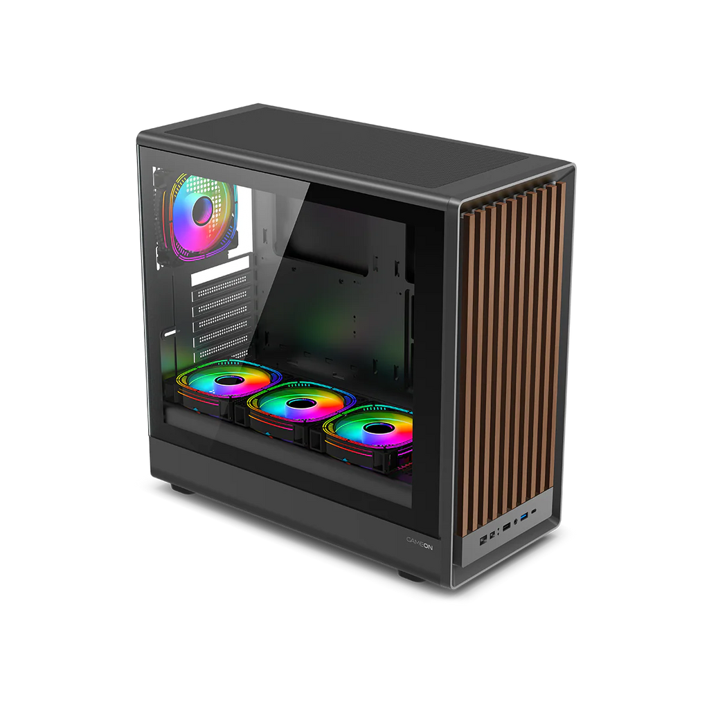 GAMEON TIMBER Midnight I Series ARGB + PWM Mid Tower Gaming Case - Wood/Black | صندوق ألعاب GAMEON TIMBER Midnight I Series ARGB + PWM متوسط الحجم - خشب/أسود
