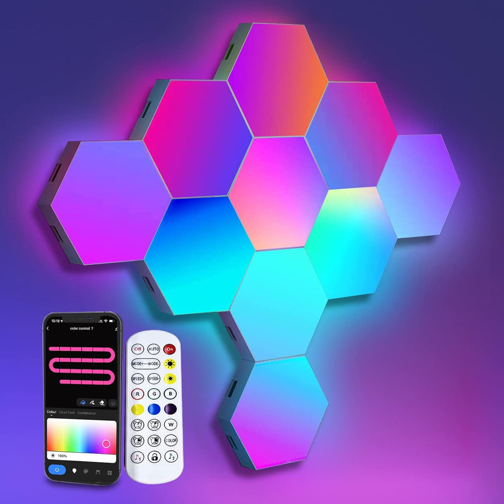 Hexagon Lights for Gaming Setup, App & Remote Control, 10 Pack | أضواء سداسية الشكل لإعدادات الألعاب، مع تطبيق وجهاز تحكم عن بعد، عبوة من 10 قطع