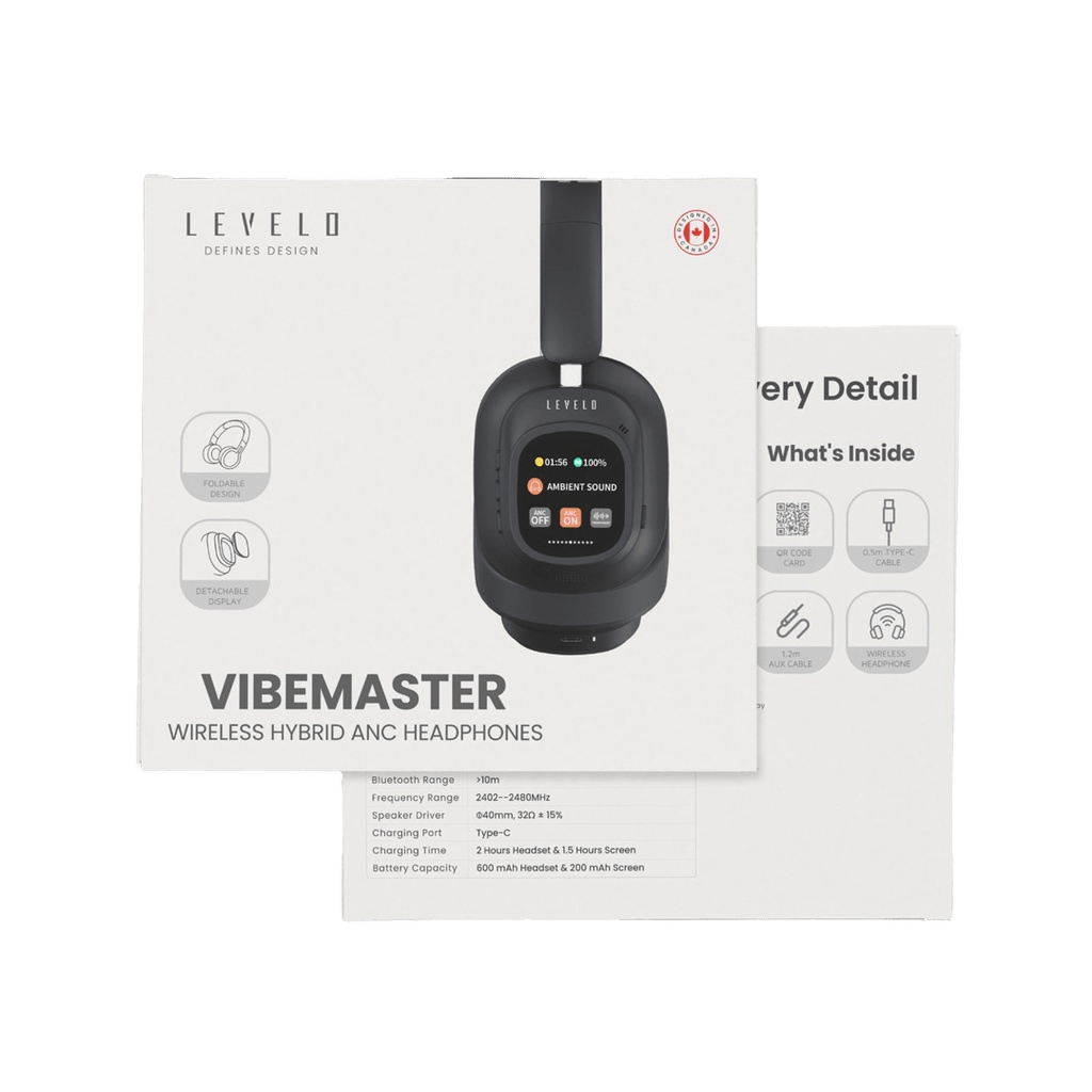 Levelo VibeMaster Wireless Hybrid ANC Headphone - Black  /  سماعة Levelo VibeMaster اللاسلكية الهجينة ANC - أسود