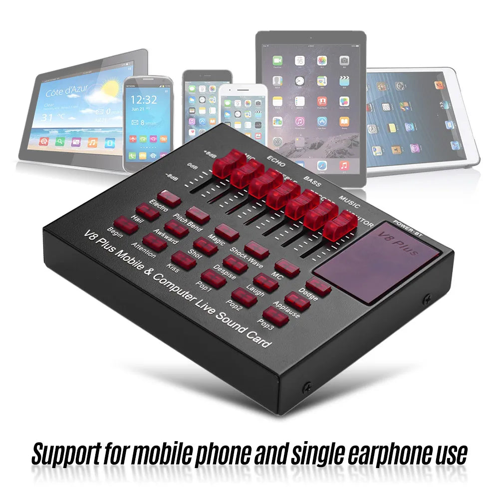 Players V8 Plus Live Sound Card USB Audio Interface with Multiple Sound Effects BT Connection for Singing Live | بطاقة صوتية مباشرة Players V8 Plus، واجهة صوتية USB مع مؤثرات صوتية متعددة، اتصال بلوتوث للغناء المباشر