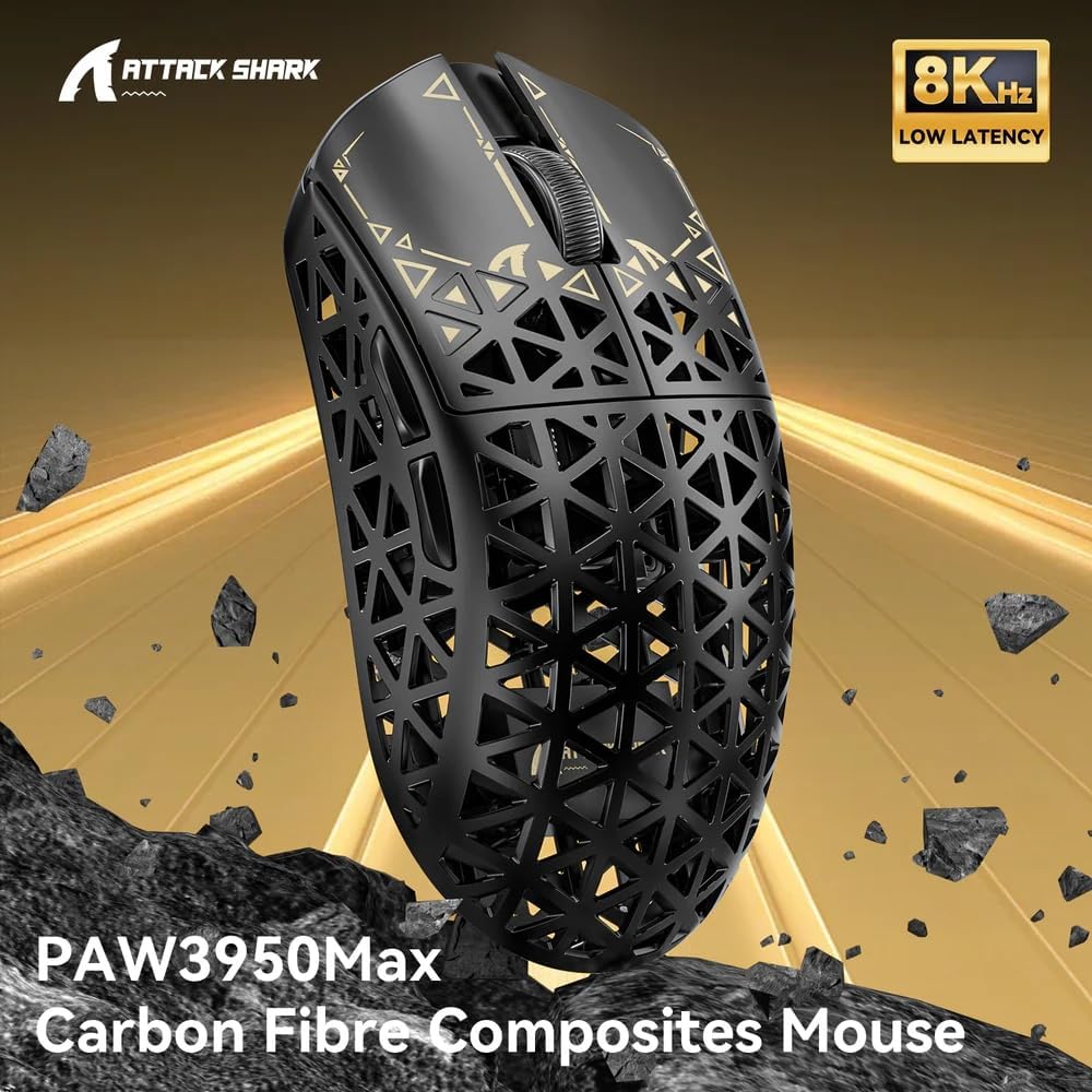 ATTACK SHARK R5Ultra 8K Carbon Fiber Wireless Gaming Mouse with 42000 DPI -PAW3950 MAX Sensor -39g Ultra-Lightweight- (Black)| ماوس الألعاب اللاسلكي  من ألياف الكربون بدقة 42000 نقطة في البوصة - مستشعر  - وزن خفيف للغاية 39 جرام - (أسود)