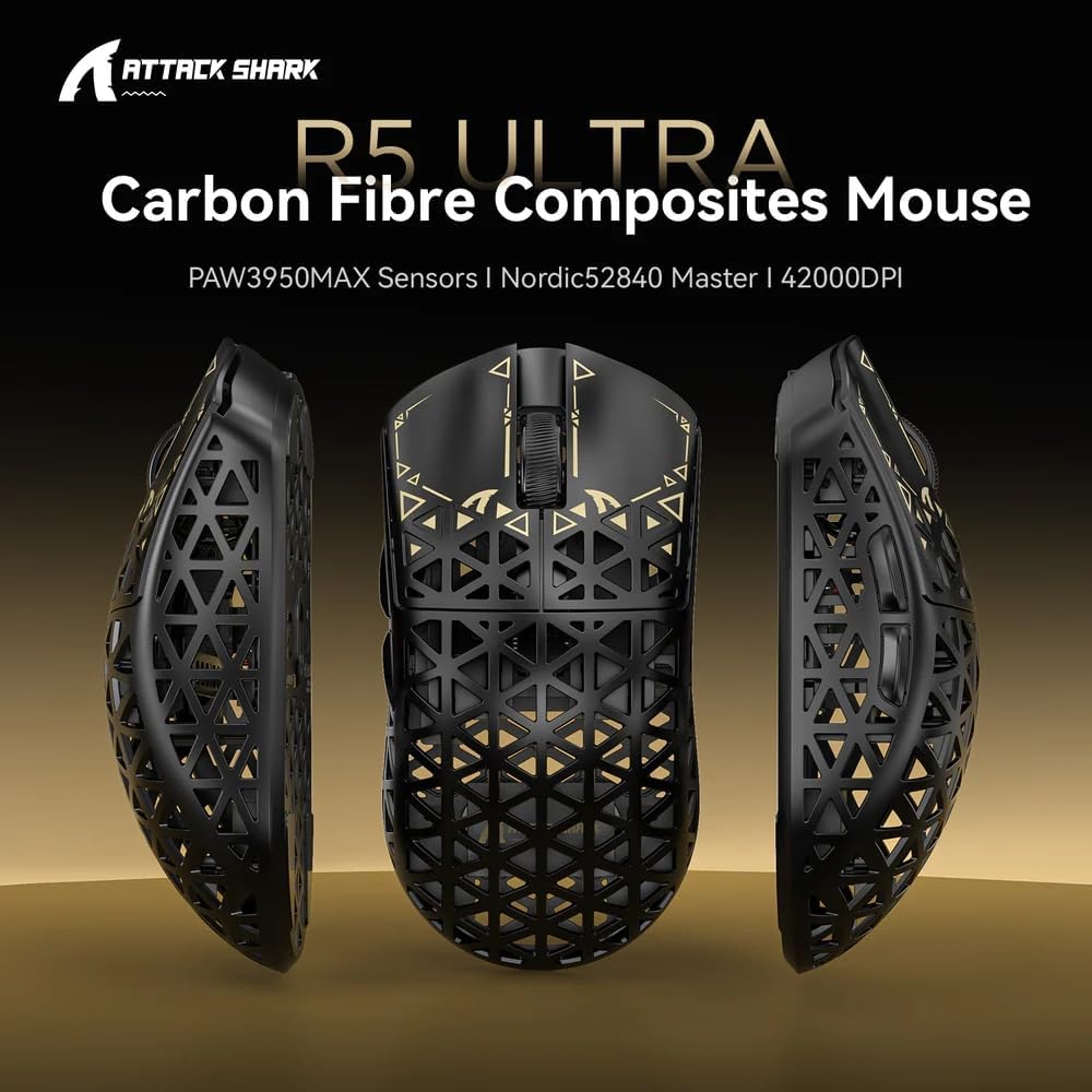 ATTACK SHARK R5Ultra 8K Carbon Fiber Wireless Gaming Mouse with 42000 DPI -PAW3950 MAX Sensor -39g Ultra-Lightweight- (Black)| ماوس الألعاب اللاسلكي  من ألياف الكربون بدقة 42000 نقطة في البوصة - مستشعر  - وزن خفيف للغاية 39 جرام - (أسود)