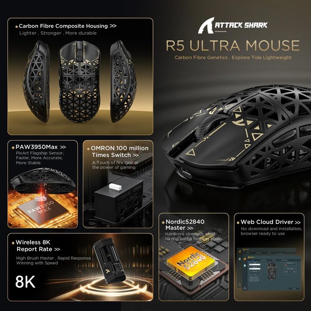 ATTACK SHARK R5Ultra 8K Carbon Fiber Wireless Gaming Mouse with 42000 DPI -PAW3950 MAX Sensor -39g Ultra-Lightweight- (Black)| ماوس الألعاب اللاسلكي  من ألياف الكربون بدقة 42000 نقطة في البوصة - مستشعر  - وزن خفيف للغاية 39 جرام - (أسود)