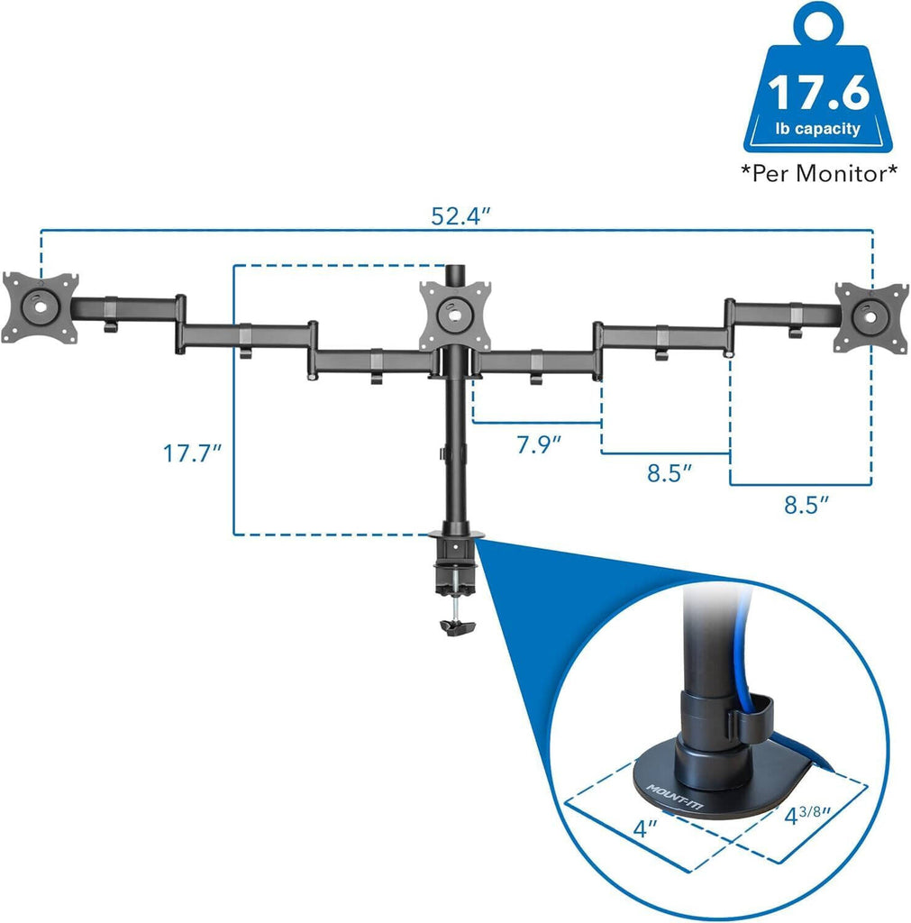 Newstar Triple Monitor Arm, Fits 13'' to 27'' Screen, 8kg (Each) Clamp & Grommet, Fully Adjustable | 91-LDT07C036 | ذراع شاشة ثلاثية من نيوستار، تناسب شاشة مقاس 13 بوصة إلى 27 بوصة، 8 كجم (لكل منها) مشبك وحلقة تثبيت، قابلة للتعديل بالكامل