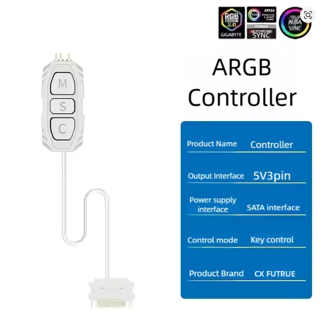 ARGB case lighting controller 5V 3-pin, 3-button controller, suitable for LED strips, cooling fans, etc./ وحدة تحكم بإضاءة ARGB للهيكل، وحدة تحكم بثلاثة أزرار، مناسبة لشرائط LED ومراوح التبريد وما إلى ذلك.