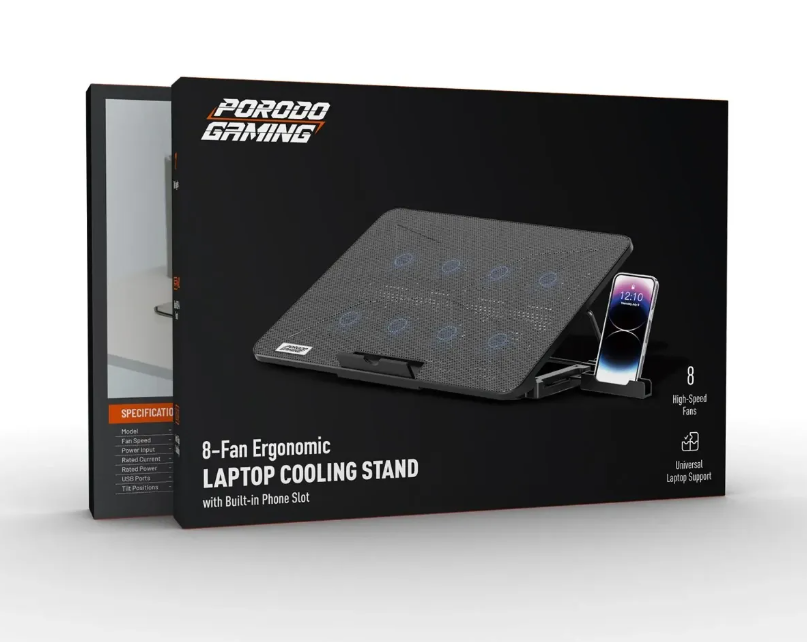 Porodo Gaming 8-Fan Ergonomic Laptop Cooling Stand with Built-In Phone Slot /حامل تبريد مريح للابتوب من Porodo Gaming مزود بـ 8 مراوح وفتحة مدمجة للهاتف