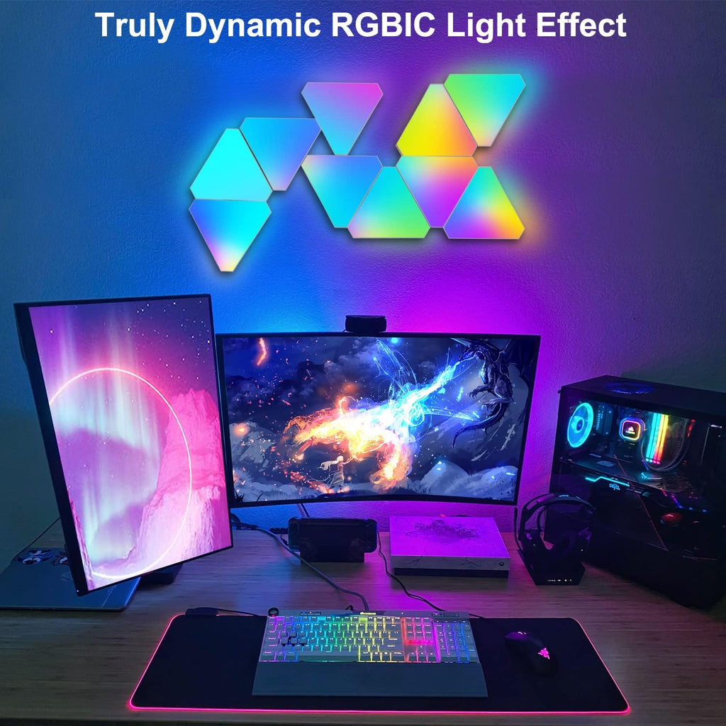 Triangle LED Light Panels, 6 Connection Ports, App Control Music Sync for Gaming Room Streaming. | لوحات إضاءة LED مثلثة الشكل، 6 منافذ توصيل، تحكم عبر التطبيق، مزامنة الموسيقى لبث الموسيقى في غرفة الألعاب.