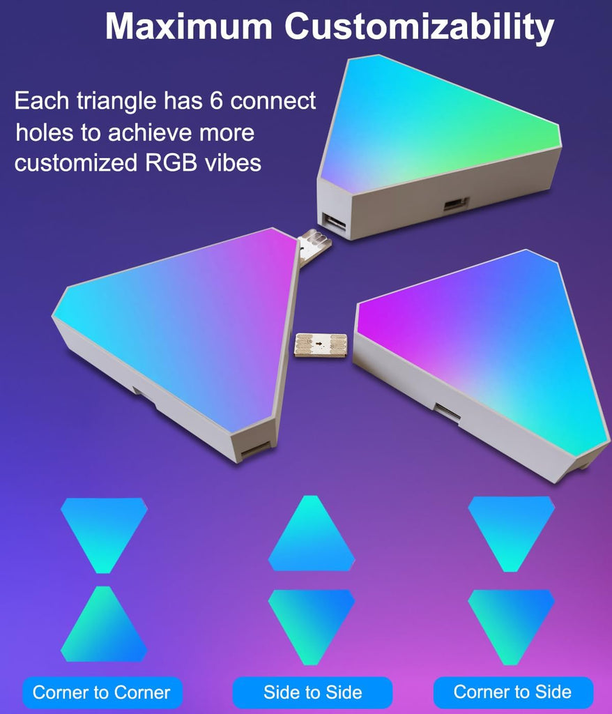 Triangle LED Light Panels, 6 Connection Ports, App Control Music Sync for Gaming Room Streaming. | لوحات إضاءة LED مثلثة الشكل، 6 منافذ توصيل، تحكم عبر التطبيق، مزامنة الموسيقى لبث الموسيقى في غرفة الألعاب.