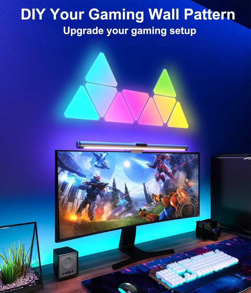 Triangle LED Light Panels, 6 Connection Ports, App Control Music Sync for Gaming Room Streaming. | لوحات إضاءة LED مثلثة الشكل، 6 منافذ توصيل، تحكم عبر التطبيق، مزامنة الموسيقى لبث الموسيقى في غرفة الألعاب.